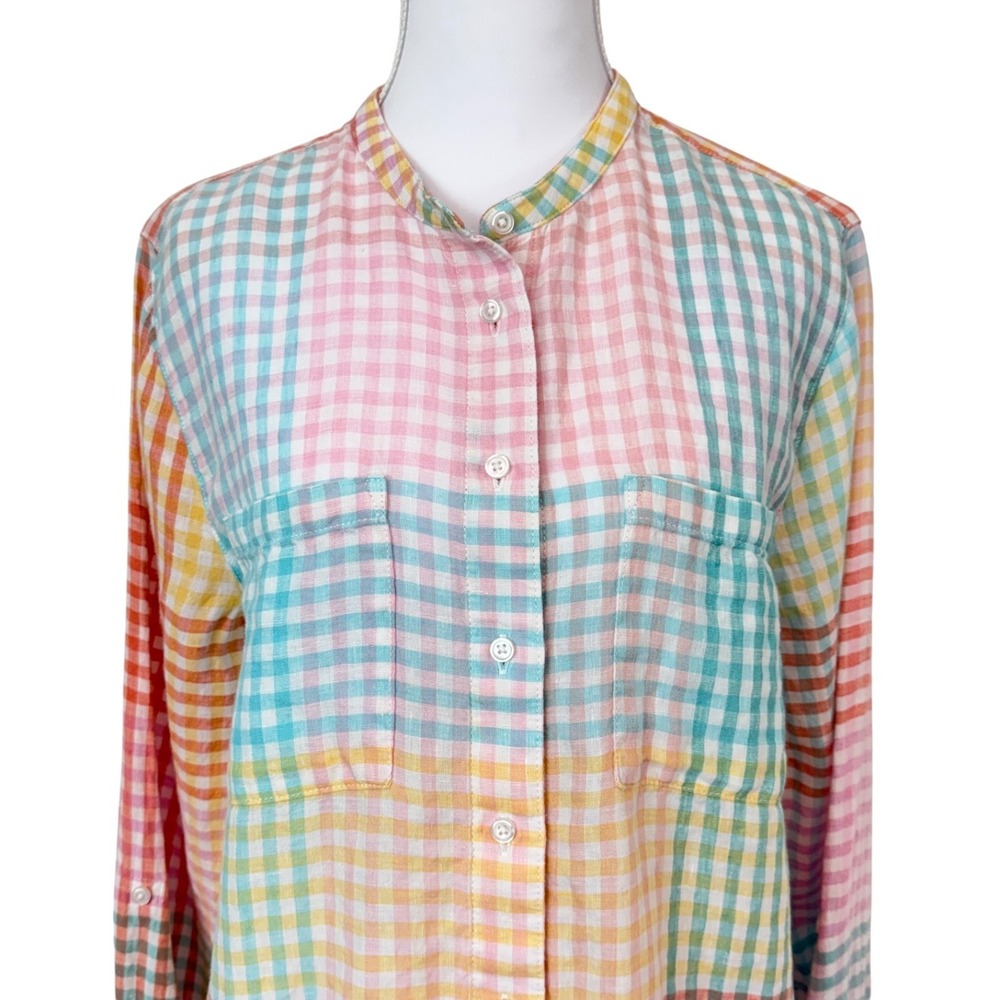 Lands End Women's Rainbow Plaid Linen Roll Tab Button Up Top M Beachy Lagenlook - Picture 2 of 11